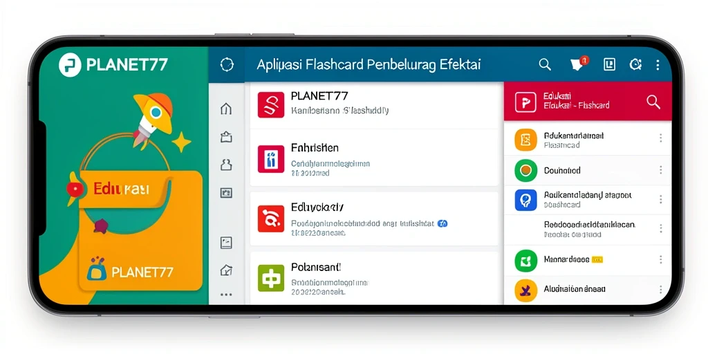 Antarmuka aplikasi PLANET77 yang interaktif untuk belajar Flashcard.